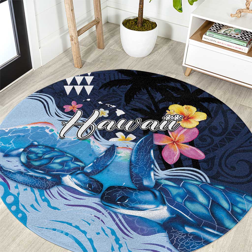 Hawaiian Honu Honi Ihu Round Carpet With Plumeria and Kakau Art Pattern LT03 Dark Blue - Polynesian Pride