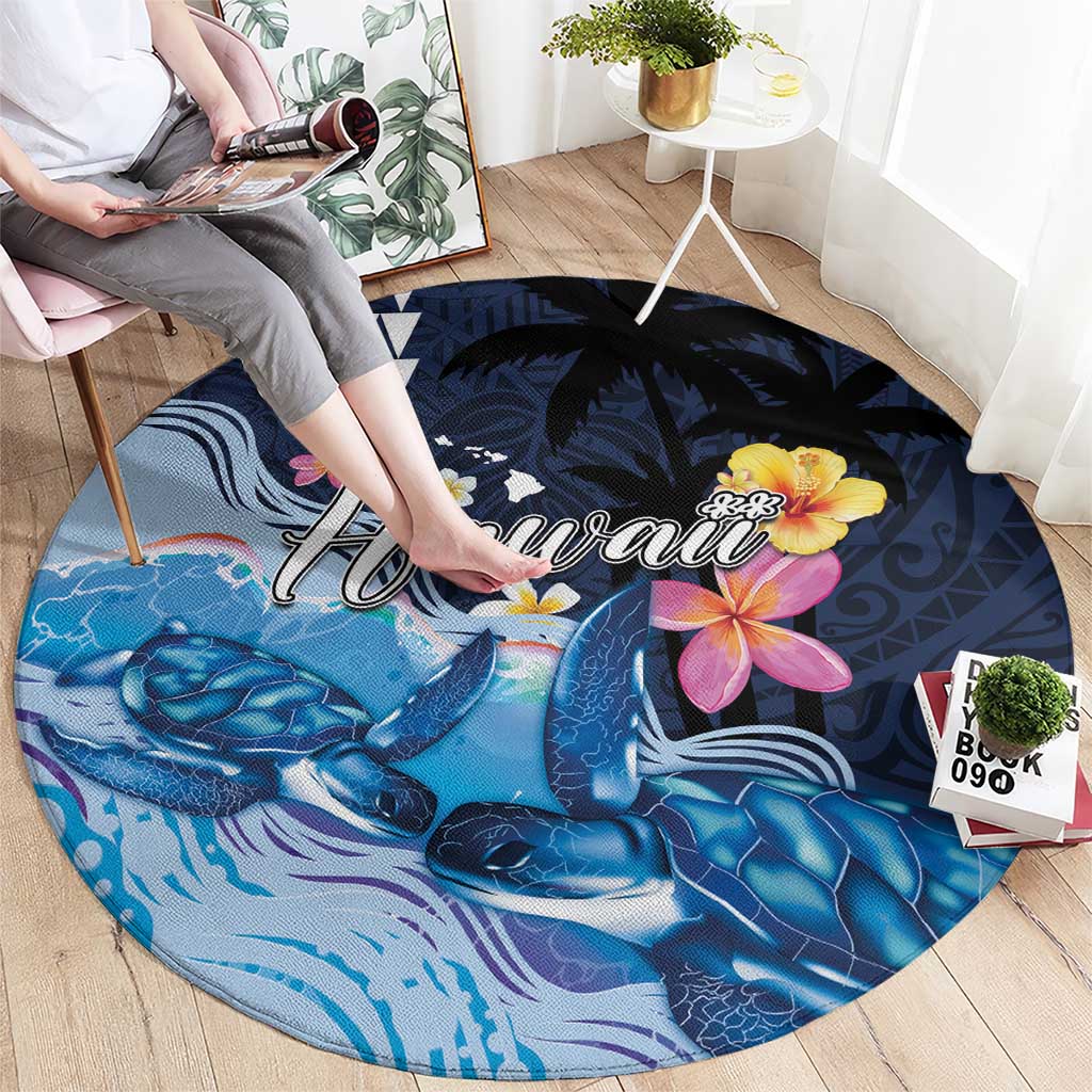 Hawaiian Honu Honi Ihu Round Carpet With Plumeria and Kakau Art Pattern LT03 - Polynesian Pride