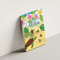 Aloha Turtle Family on The Beach Canvas Wall Art with Hawaiian Colorful Plumeria