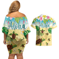 Aloha Turtle Family on The Beach Couples Matching Off Shoulder Short Dress and Hawaiian Shirt with Hawaiian Colorful Plumeria