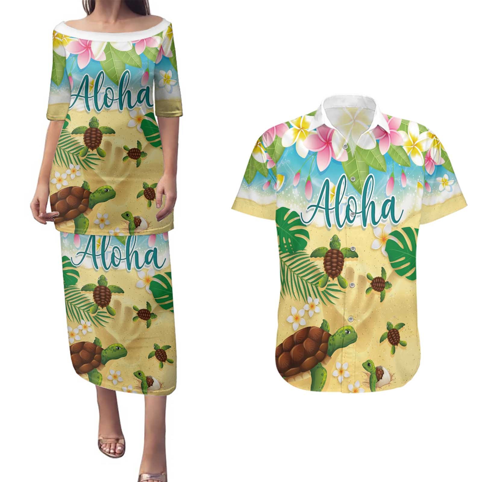 Aloha Turtle Family on The Beach Couples Matching Puletasi and Hawaiian Shirt with Hawaiian Colorful Plumeria