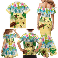 Aloha Turtle Family on The Beach Family Matching Mermaid Dress and Hawaiian Shirt with Hawaiian Colorful Plumeria