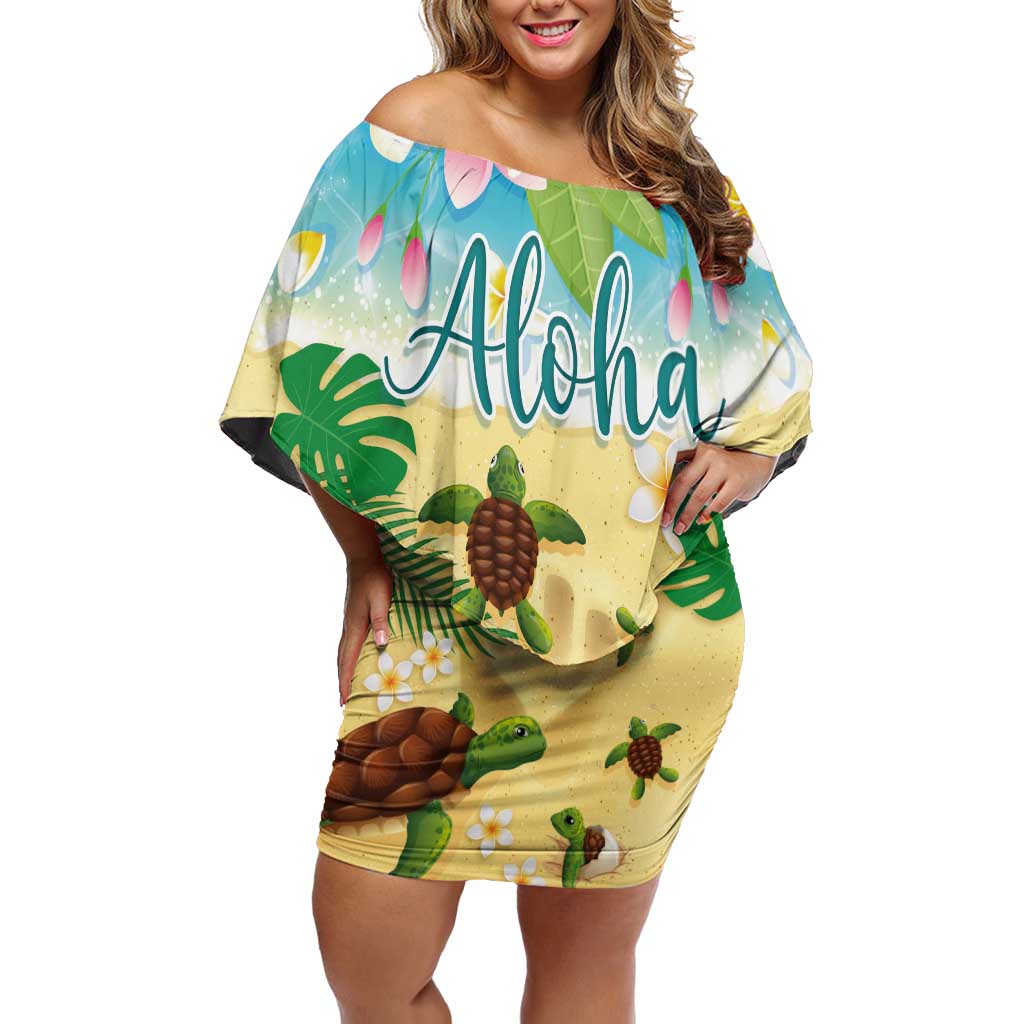 Aloha Turtle Family on The Beach Family Matching Off Shoulder Short Dress and Hawaiian Shirt with Hawaiian Colorful Plumeria