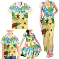 Aloha Turtle Family on The Beach Family Matching Tank Maxi Dress and Hawaiian Shirt with Hawaiian Colorful Plumeria