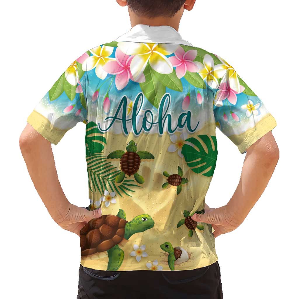 Aloha Turtle Family on The Beach Kid Hawaiian Shirt with Hawaiian Colorful Plumeria