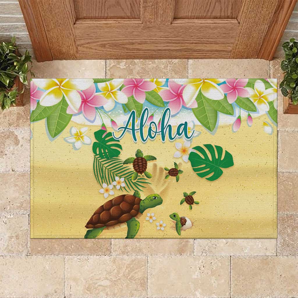 Aloha Turtle Family on The Beach Rubber Doormat with Hawaiian Colorful Plumeria LT03 Beige - Polynesian Pride