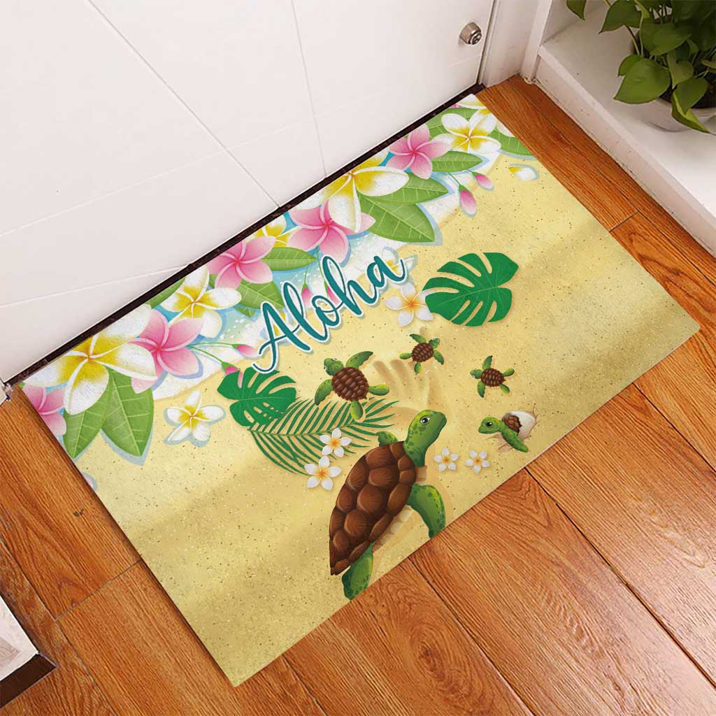 Aloha Turtle Family on The Beach Rubber Doormat with Hawaiian Colorful Plumeria LT03 - Polynesian Pride