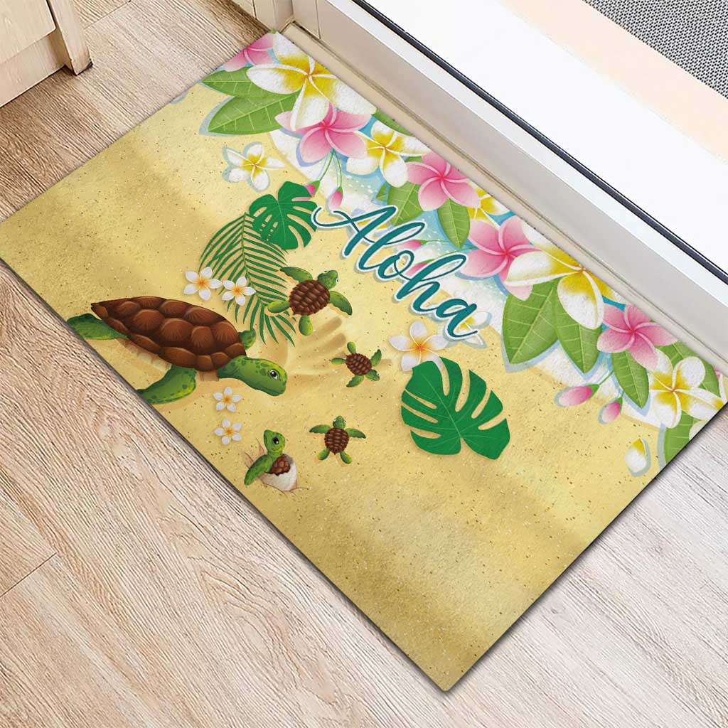 Aloha Turtle Family on The Beach Rubber Doormat with Hawaiian Colorful Plumeria LT03 - Polynesian Pride