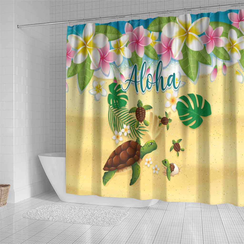 Aloha Turtle Family on The Beach Shower Curtain with Hawaiian Colorful Plumeria