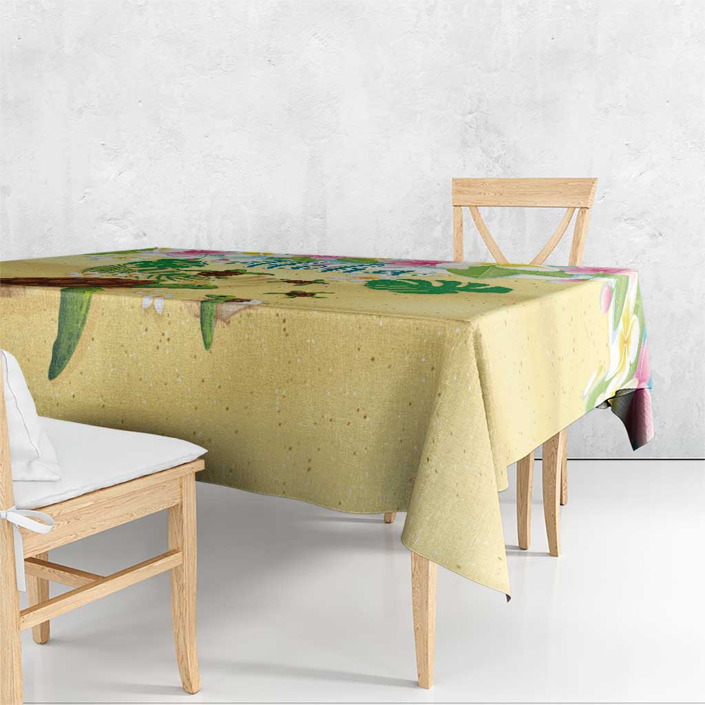 Aloha Turtle Family on The Beach Tablecloth with Hawaiian Colorful Plumeria