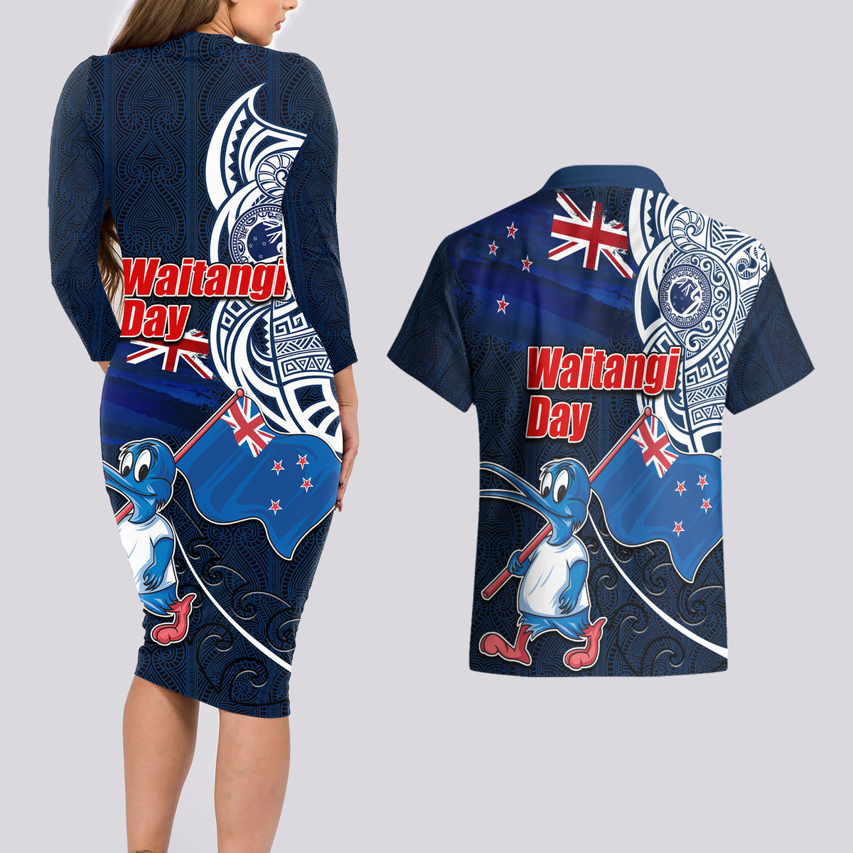 New Zealand Waitangi Couples Matching Long Sleeve Bodycon Dress and Hawaiian Shirt Te Ra O Waitangi Maori Kiwis Bird LT03 - Polynesian Pride