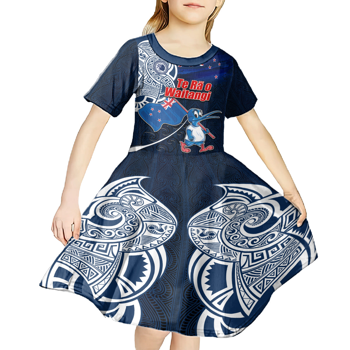 New Zealand Waitangi Kid Short Sleeve Dress Te Ra O Waitangi Maori Kiwis Bird LT03 - Polynesian Pride