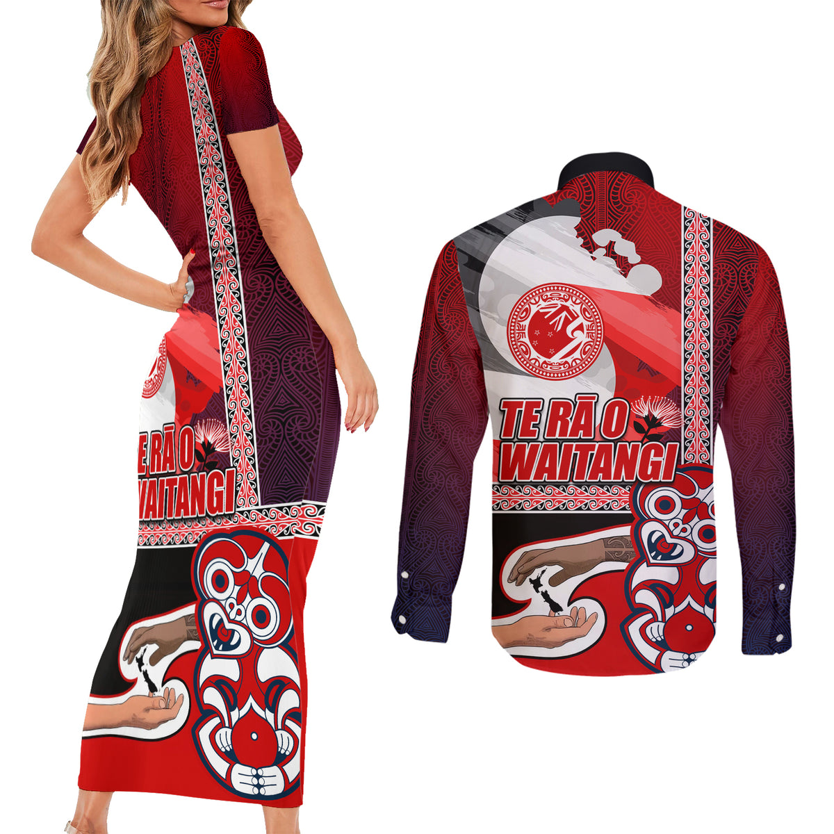 Maori Waitangi Couples Matching Short Sleeve Bodycon Dress and Long Sleeve Button Shirt Hei-tiki Koru with Tino Rangatiratanga Maori Flag LT03 - Polynesian Pride