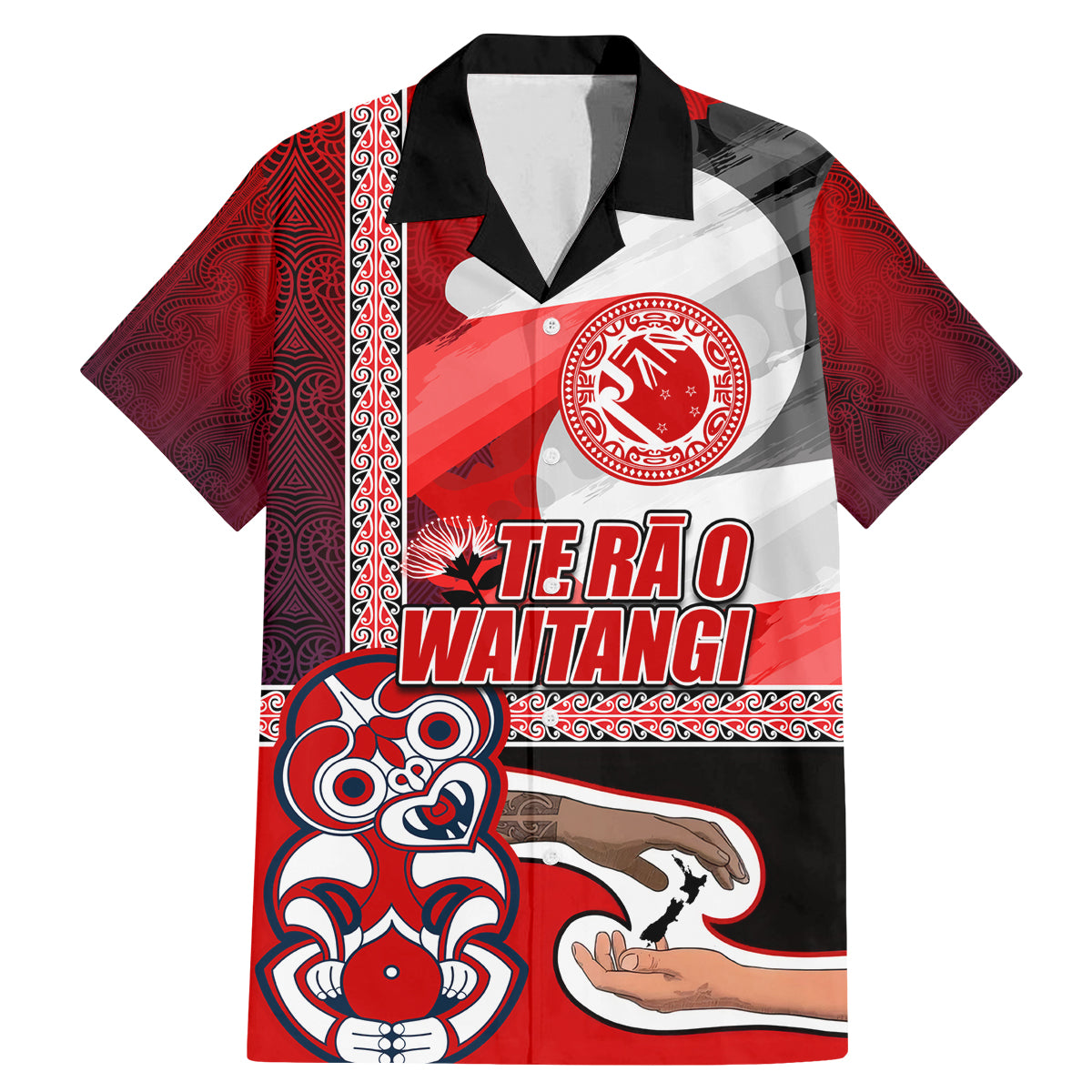 Maori Waitangi Family Matching Mermaid Dress and Hawaiian Shirt Hei-tiki Koru with Tino Rangatiratanga Maori Flag LT03 Dad's Shirt - Short Sleeve Red - Polynesian Pride