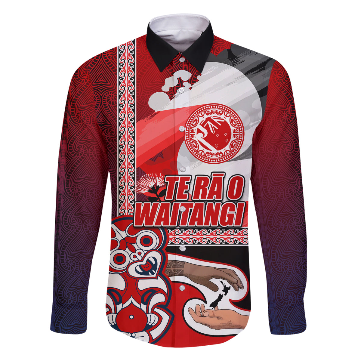 Maori Waitangi Family Matching Off Shoulder Long Sleeve Dress and Hawaiian Shirt Hei-tiki Koru with Tino Rangatiratanga Maori Flag LT03 Dad's Shirt - Long Sleeve Red - Polynesian Pride
