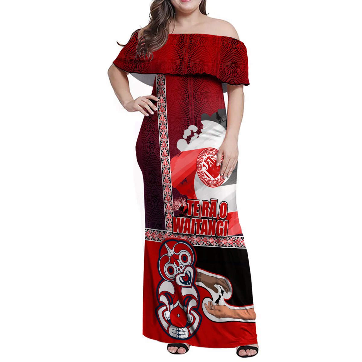 Maori Waitangi Family Matching Off Shoulder Maxi Dress and Hawaiian Shirt Hei-tiki Koru with Tino Rangatiratanga Maori Flag LT03 Mom's Dress Red - Polynesian Pride