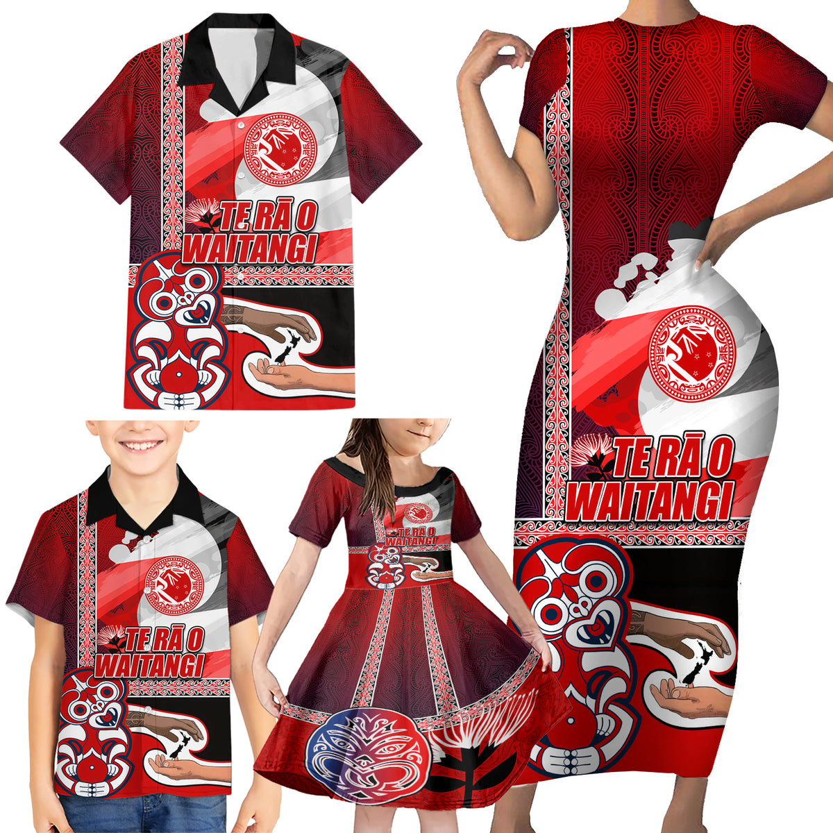 Maori Waitangi Family Matching Short Sleeve Bodycon Dress and Hawaiian Shirt Hei-tiki Koru with Tino Rangatiratanga Maori Flag LT03 - Polynesian Pride
