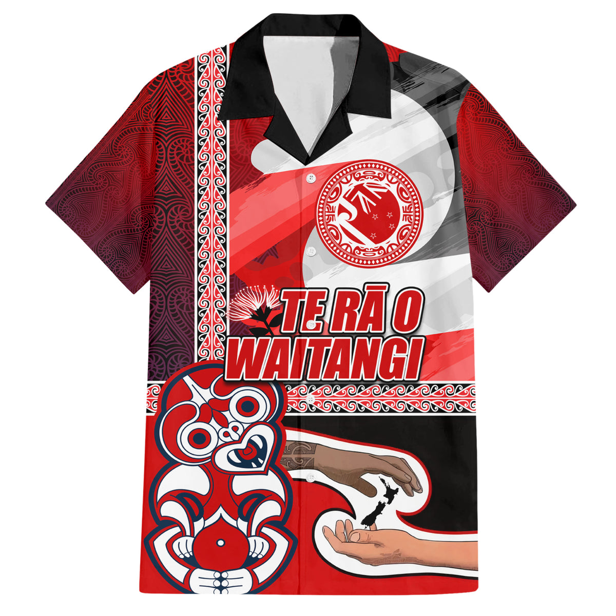 Maori Waitangi Family Matching Short Sleeve Bodycon Dress and Hawaiian Shirt Hei-tiki Koru with Tino Rangatiratanga Maori Flag LT03 Dad's Shirt - Short Sleeve Red - Polynesian Pride