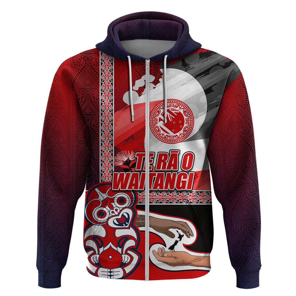 Maori Waitangi Hoodie Hei-tiki Koru with Tino Rangatiratanga Maori Flag LT03 Zip Hoodie Red - Polynesian Pride