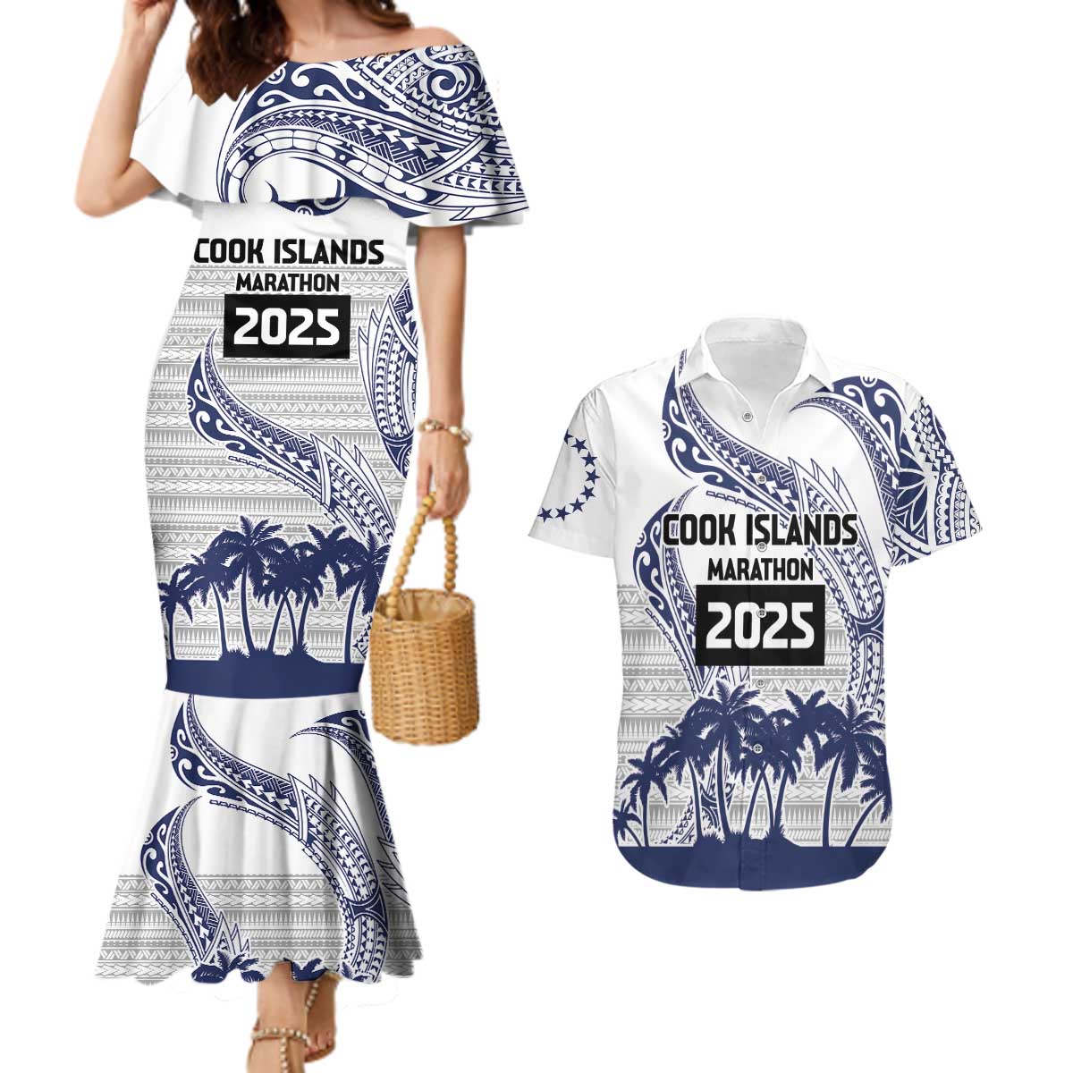 Cook Islands Marathon 2025-Pursuit in Paradise Couples Matching Mermaid Dress and Hawaiian Shirt Blue Color