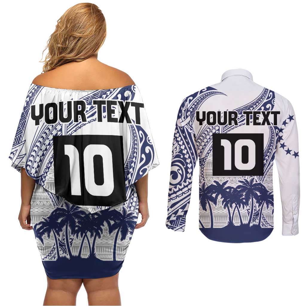 Cook Islands Marathon 2025-Pursuit in Paradise Couples Matching Off Shoulder Short Dress and Long Sleeve Button Shirt Blue Color