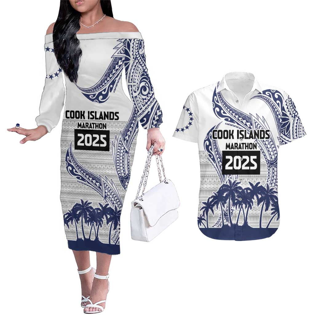 Cook Islands Marathon 2025-Pursuit in Paradise Couples Matching Off The Shoulder Long Sleeve Dress and Hawaiian Shirt Blue Color