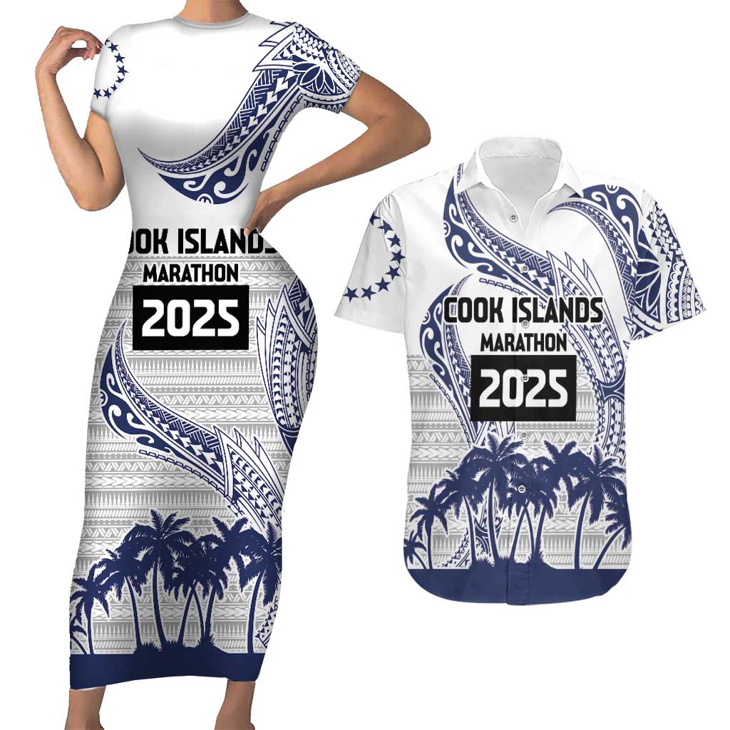 Cook Islands Marathon 2025-Pursuit in Paradise Couples Matching Short Sleeve Bodycon Dress and Hawaiian Shirt Blue Color