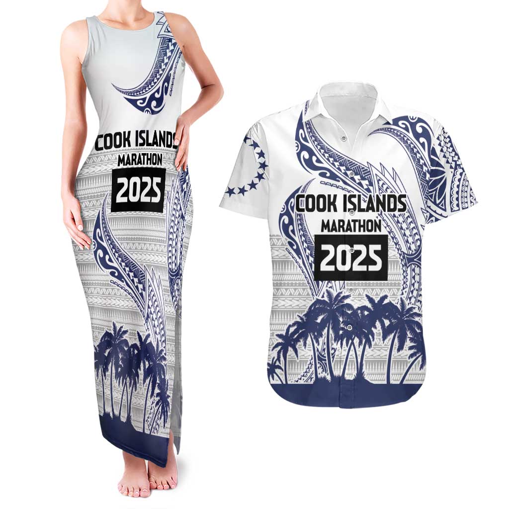 Cook Islands Marathon 2025-Pursuit in Paradise Couples Matching Tank Maxi Dress and Hawaiian Shirt Blue Color