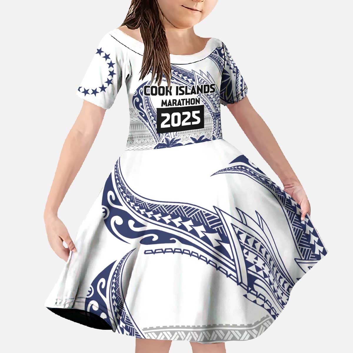 Cook Islands Marathon 2025-Pursuit in Paradise Family Matching Off The Shoulder Long Sleeve Dress and Hawaiian Shirt Blue Color