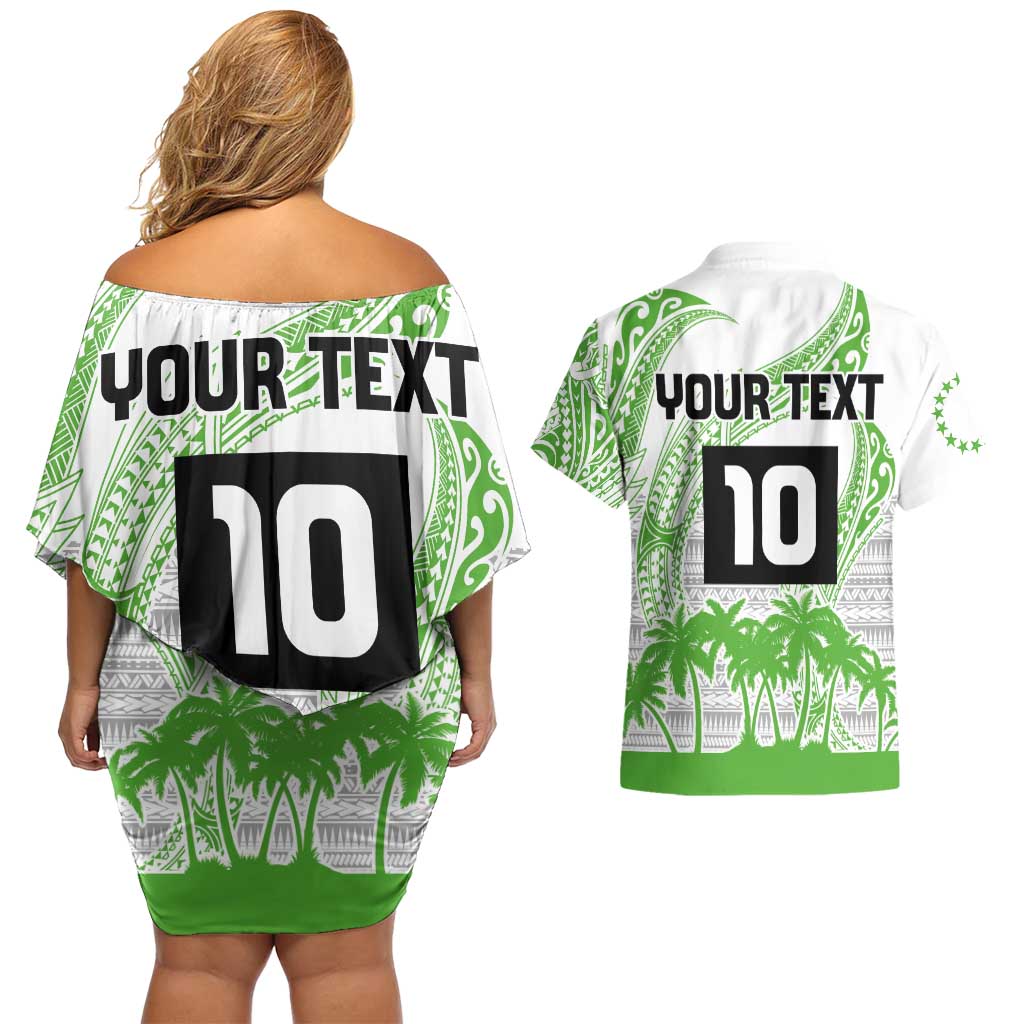 Cook Islands Marathon 2025-Pursuit in Paradise Couples Matching Off Shoulder Short Dress and Hawaiian Shirt Green Color