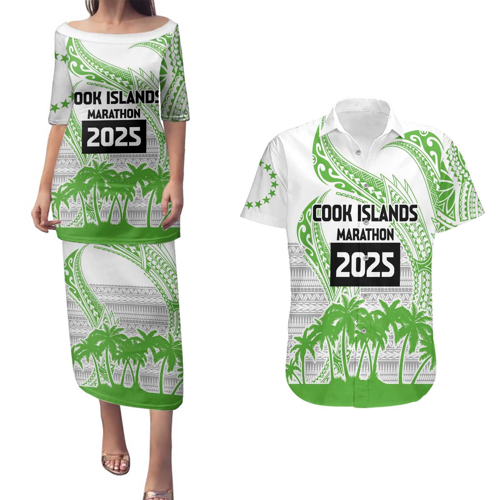 Cook Islands Marathon 2025-Pursuit in Paradise Couples Matching Puletasi and Hawaiian Shirt Green Color