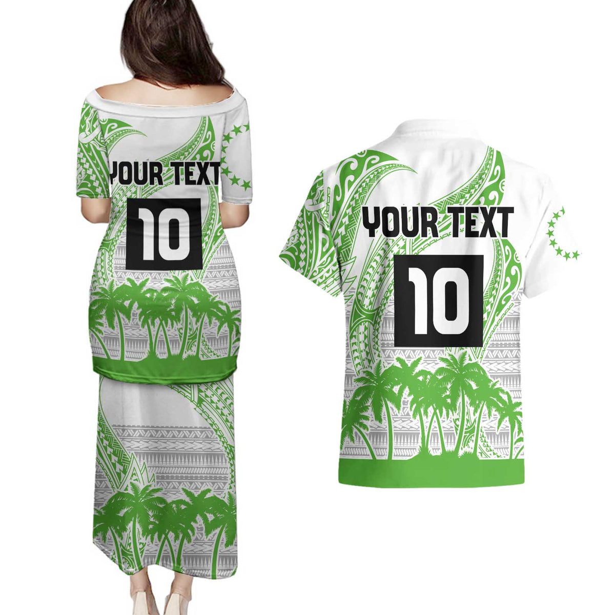 Cook Islands Marathon 2025-Pursuit in Paradise Couples Matching Puletasi and Hawaiian Shirt Green Color