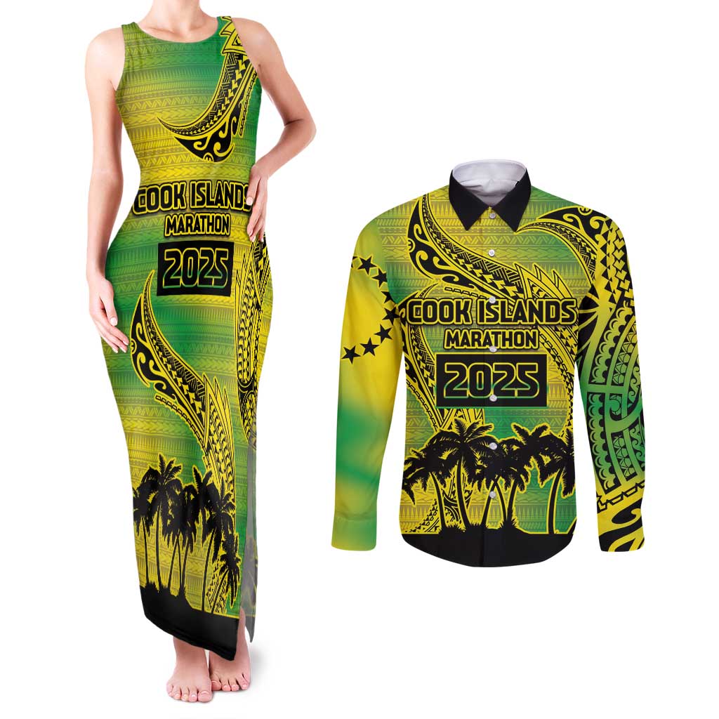 Cook Islands Marathon 2025-Pursuit in Paradise Couples Matching Tank Maxi Dress and Long Sleeve Button Shirt Special Edition LT03 Yellow-Green - Polynesian Pride