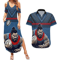 Custom Toa Samoa Rugby Couples Matching Summer Maxi Dress and Hawaiian Shirt Samoan Warrior Ula Fala Tribal Pattern LT03 Blue - Polynesian Pride