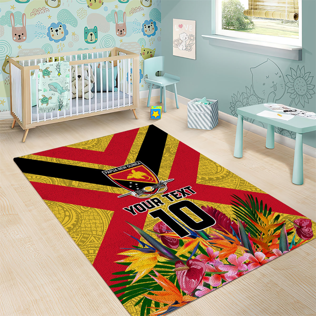 Custom Papua New Guinea Rugby Area Rug Bird of Paradise and Hibiscus Polynesian Pattern Yellow Color