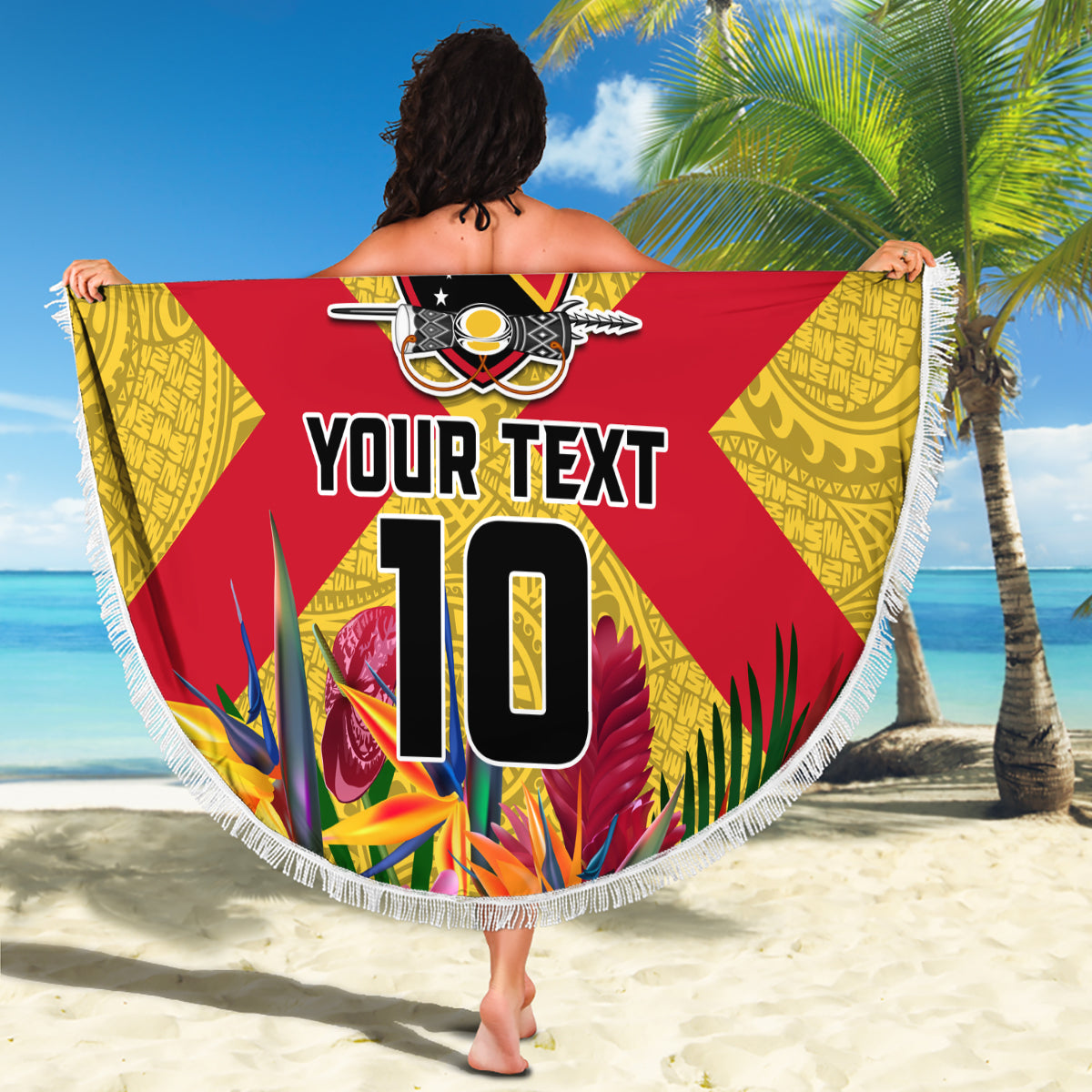 Custom Papua New Guinea Rugby Beach Blanket Bird of Paradise and Hibiscus Polynesian Pattern Yellow Color