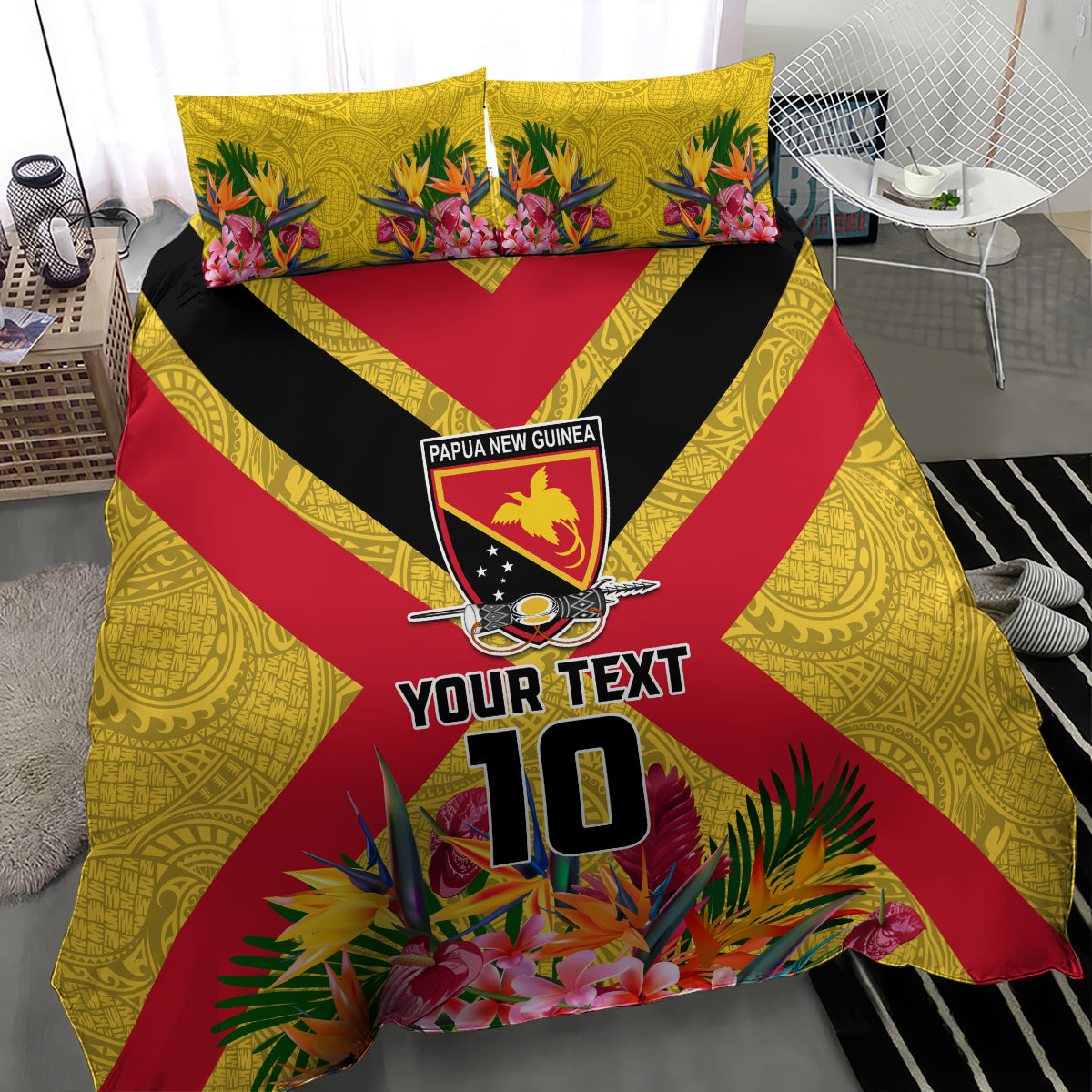Custom Papua New Guinea Rugby Bedding Set Bird of Paradise and Hibiscus Polynesian Pattern Yellow Color LT03 - Polynesian Pride