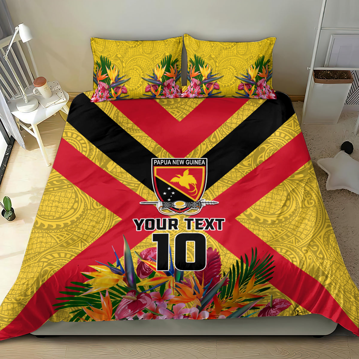 Custom Papua New Guinea Rugby Bedding Set Bird of Paradise and Hibiscus Polynesian Pattern Yellow Color LT03 - Polynesian Pride