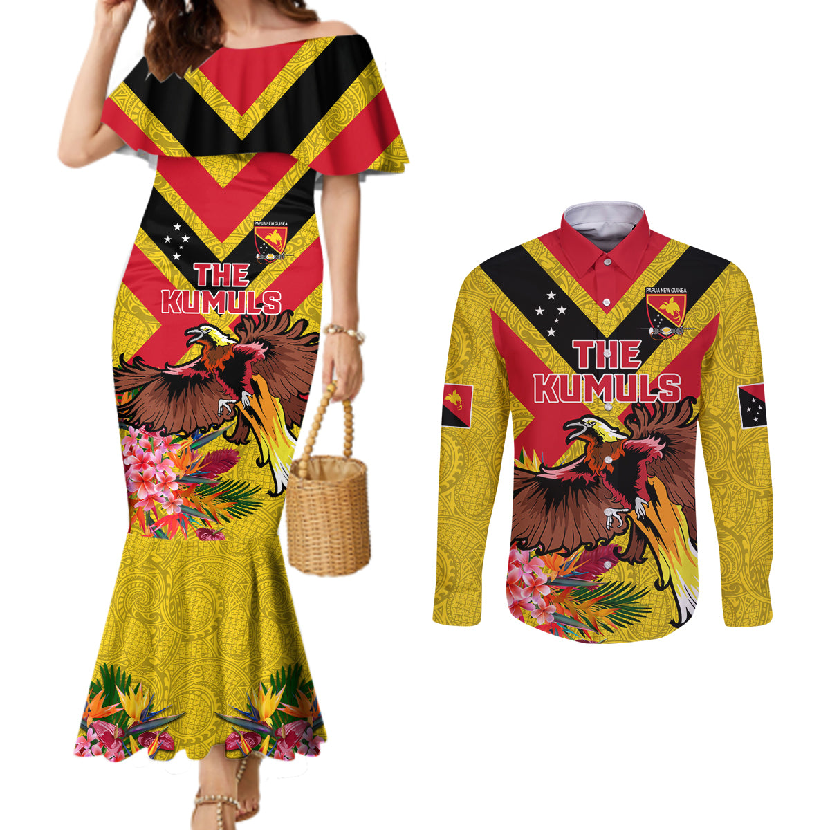 Custom Papua New Guinea Rugby Couples Matching Mermaid Dress and Long Sleeve Button Shirt Bird of Paradise and Hibiscus Polynesian Pattern Yellow Color LT03