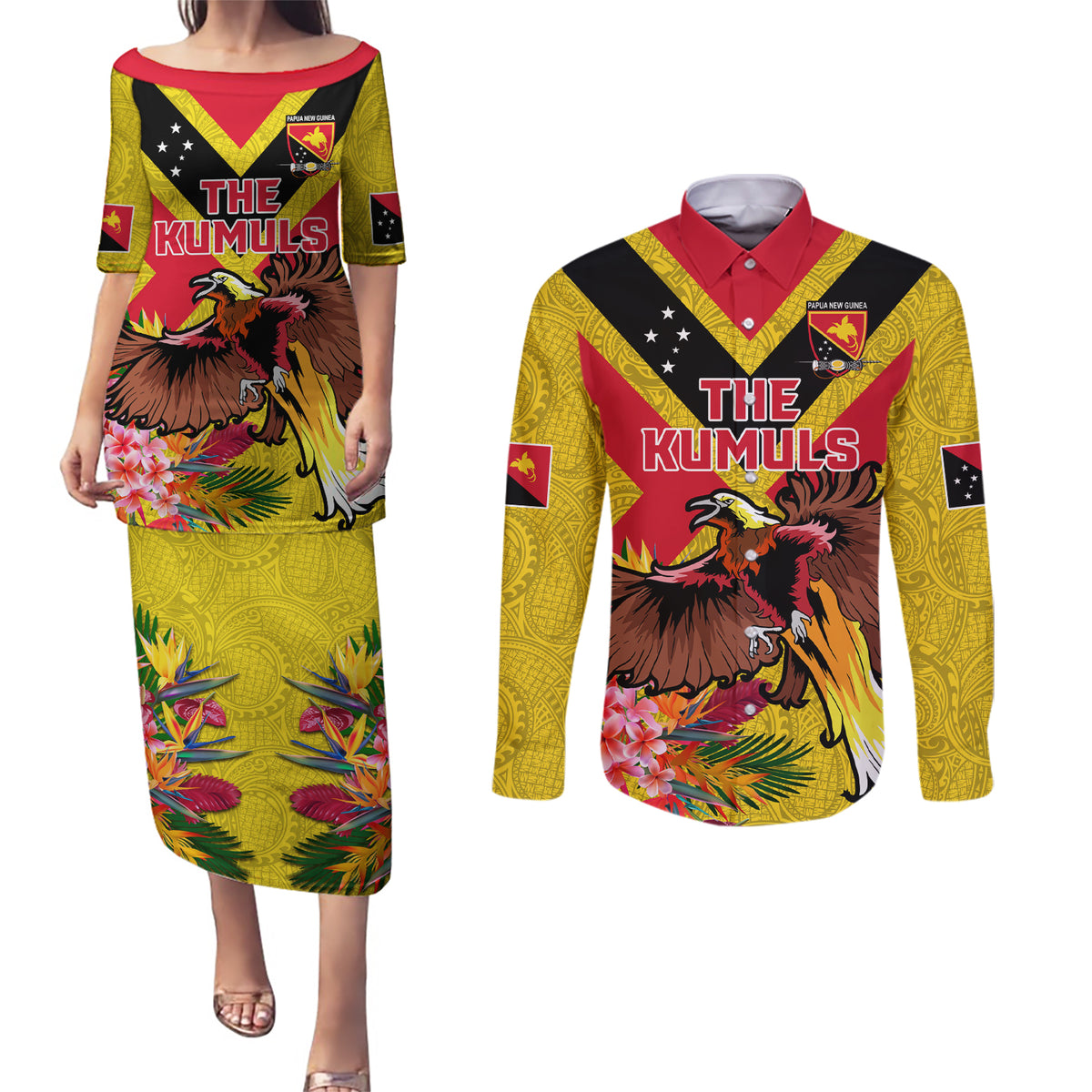 Custom Papua New Guinea Rugby Couples Matching Puletasi and Long Sleeve Button Shirt Bird of Paradise and Hibiscus Polynesian Pattern Yellow Color LT03
