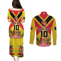 Custom Papua New Guinea Rugby Couples Matching Puletasi and Long Sleeve Button Shirt Bird of Paradise and Hibiscus Polynesian Pattern Yellow Color LT03
