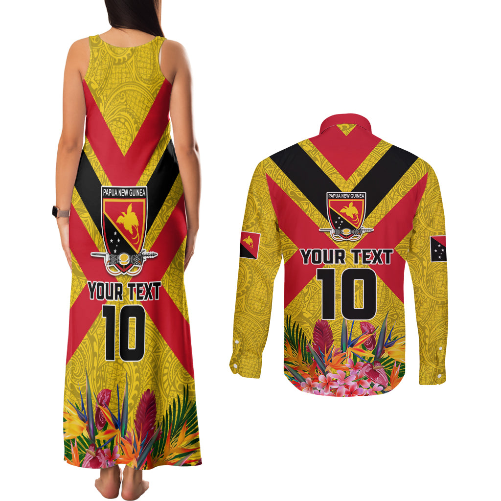 Custom Papua New Guinea Rugby Couples Matching Tank Maxi Dress and Long Sleeve Button Shirt Bird of Paradise and Hibiscus Polynesian Pattern Yellow Color LT03