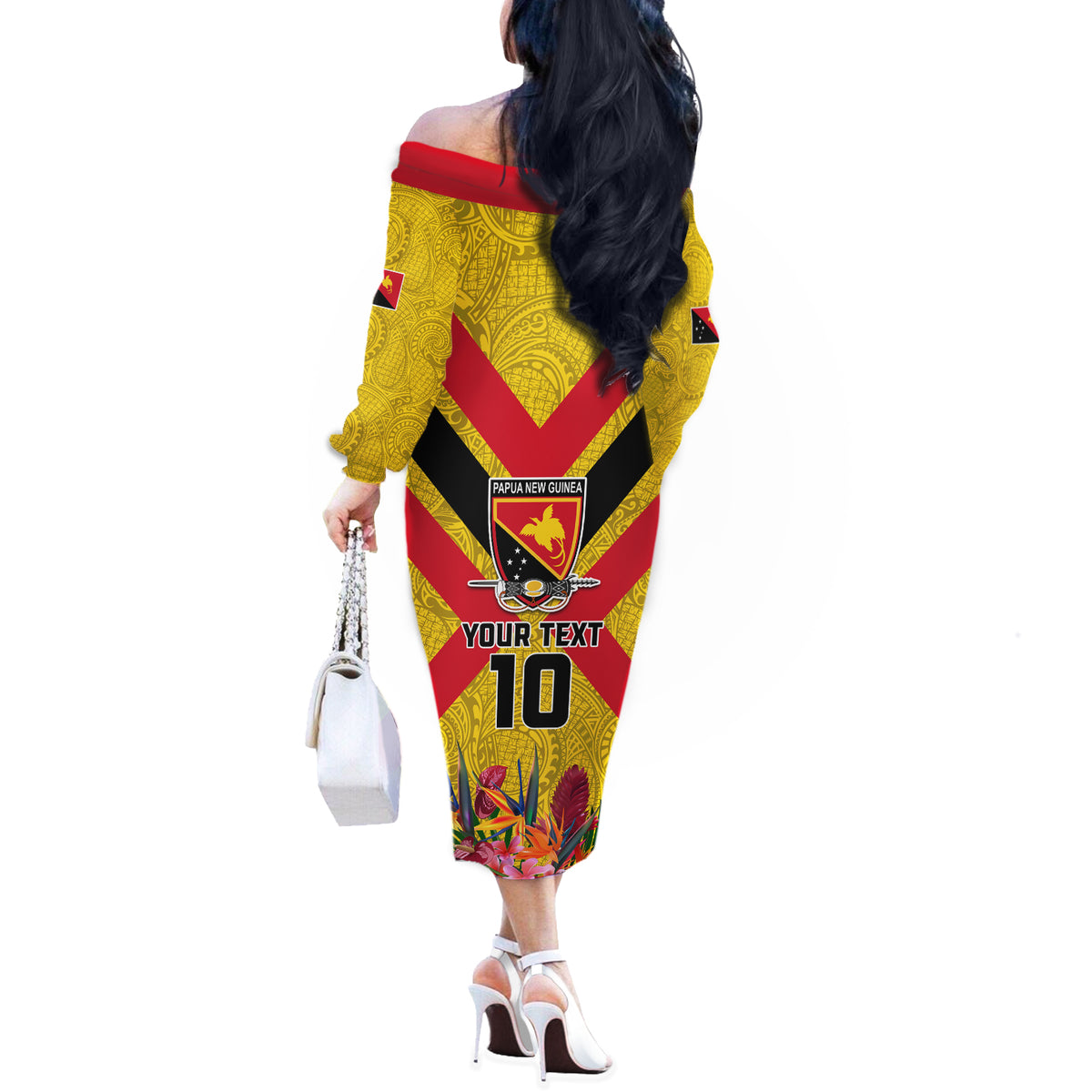 Custom Papua New Guinea Rugby Off The Shoulder Long Sleeve Dress Bird of Paradise and Hibiscus Polynesian Pattern Yellow Color LT03