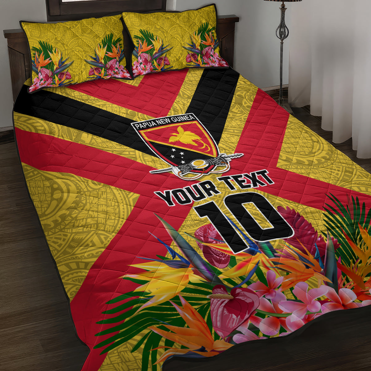 Custom Papua New Guinea Rugby Quilt Bed Set Bird of Paradise and Hibiscus Polynesian Pattern Yellow Color