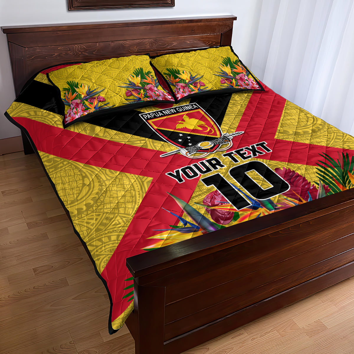 Custom Papua New Guinea Rugby Quilt Bed Set Bird of Paradise and Hibiscus Polynesian Pattern Yellow Color