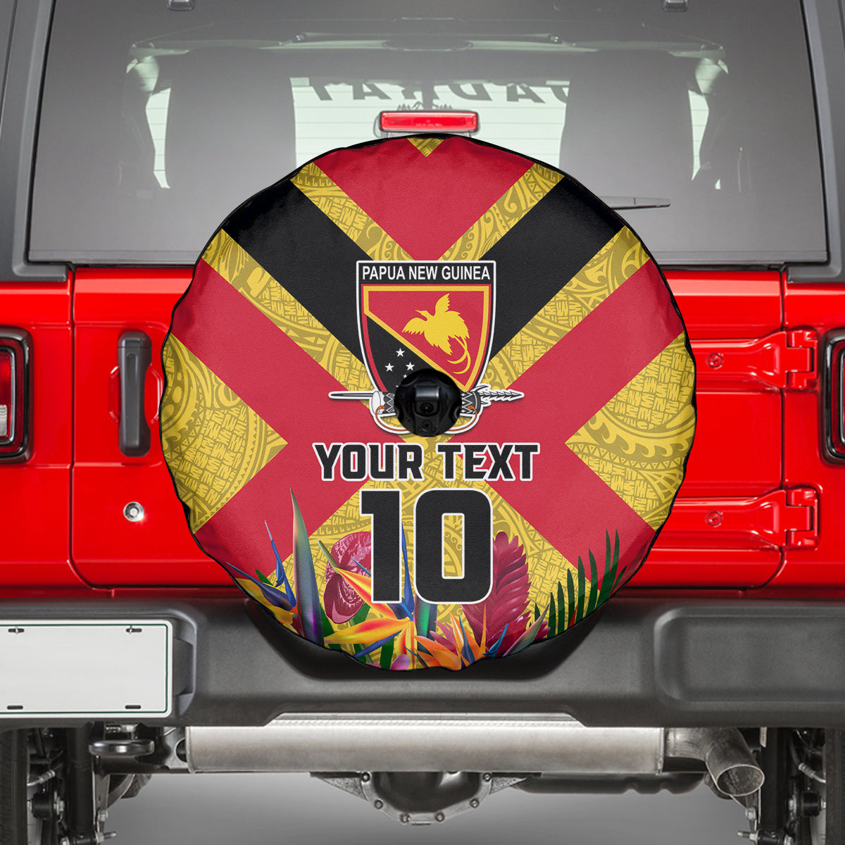 Custom Papua New Guinea Rugby Spare Tire Cover Bird of Paradise and Hibiscus Polynesian Pattern Yellow Color