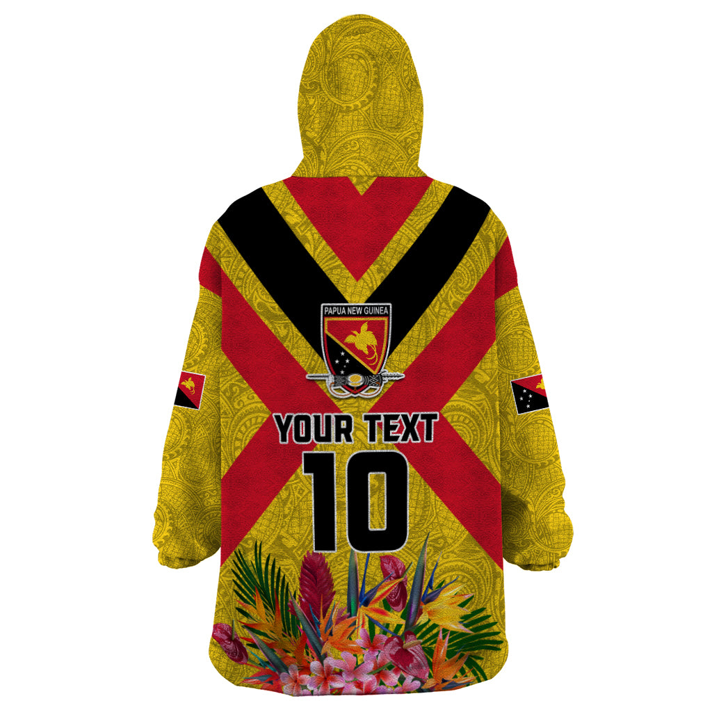 Custom Papua New Guinea Rugby Wearable Blanket Hoodie Bird of Paradise and Hibiscus Polynesian Pattern Yellow Color LT03