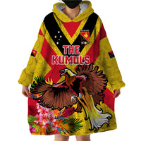 Custom Papua New Guinea Rugby Wearable Blanket Hoodie Bird of Paradise and Hibiscus Polynesian Pattern Yellow Color LT03