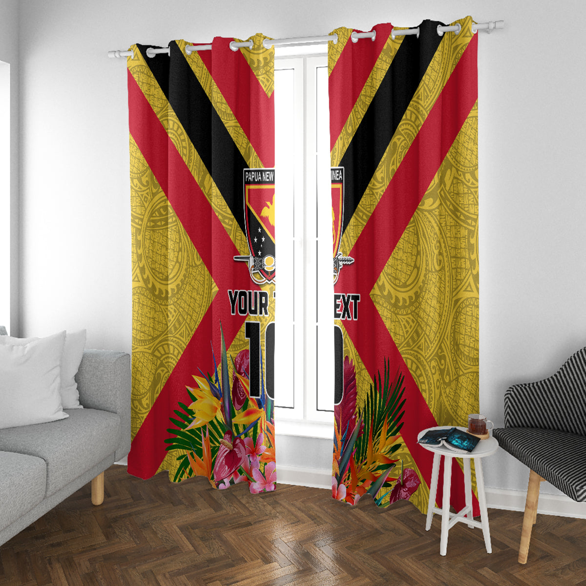 Custom Papua New Guinea Rugby Window Curtain Bird of Paradise and Hibiscus Polynesian Pattern Yellow Color
