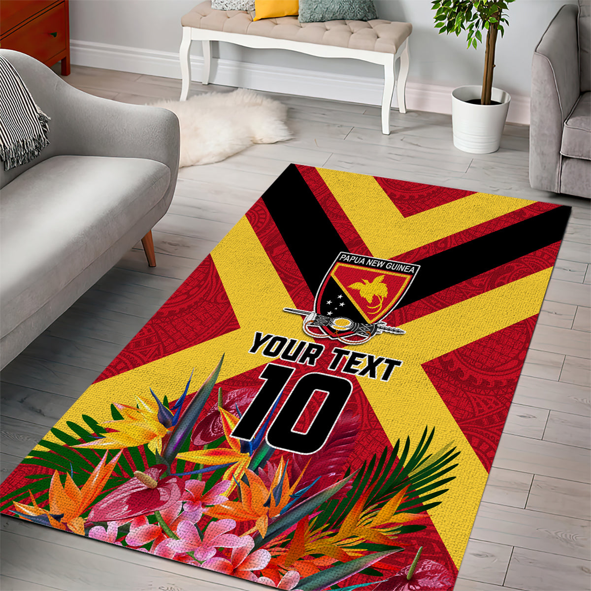Custom Papua New Guinea Rugby Area Rug Bird of Paradise and Hibiscus Polynesian Pattern Red Color
